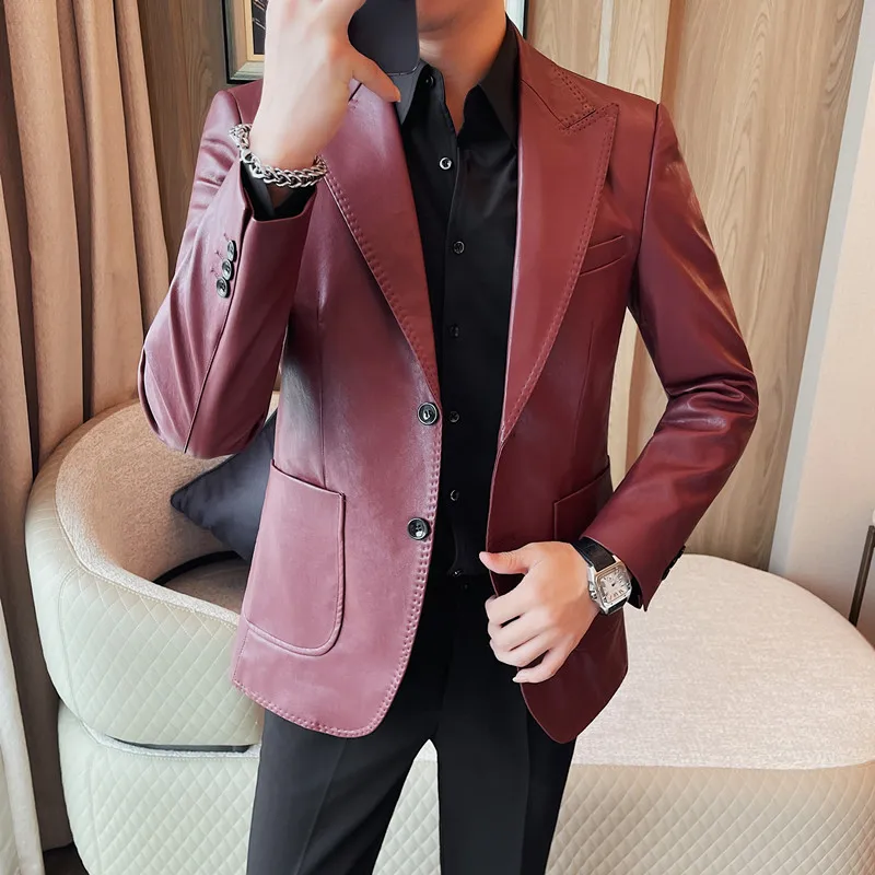 

High-quality Fashion Handsome Leather Men's New Autumn and Winter Solid Color Leather Coat Single Row Two-button Suit Leather