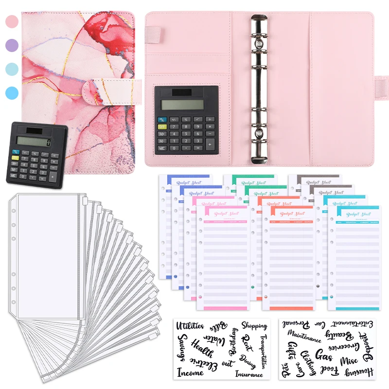 A6 Marble with Calculator Money Budget Planner Binder Zipper EnvelopesCash Envelopes For Budgeting Money Organizer Binde