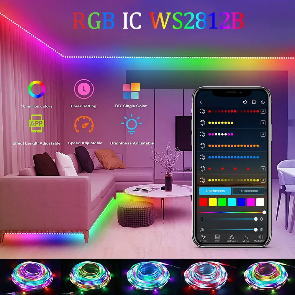 LED 스트립 조명 RGBIC WS2812B 팬텀 블루투스 앱 리모컨, PC TV 거실 분위기 조명, 방 장식, DC 5V 3M