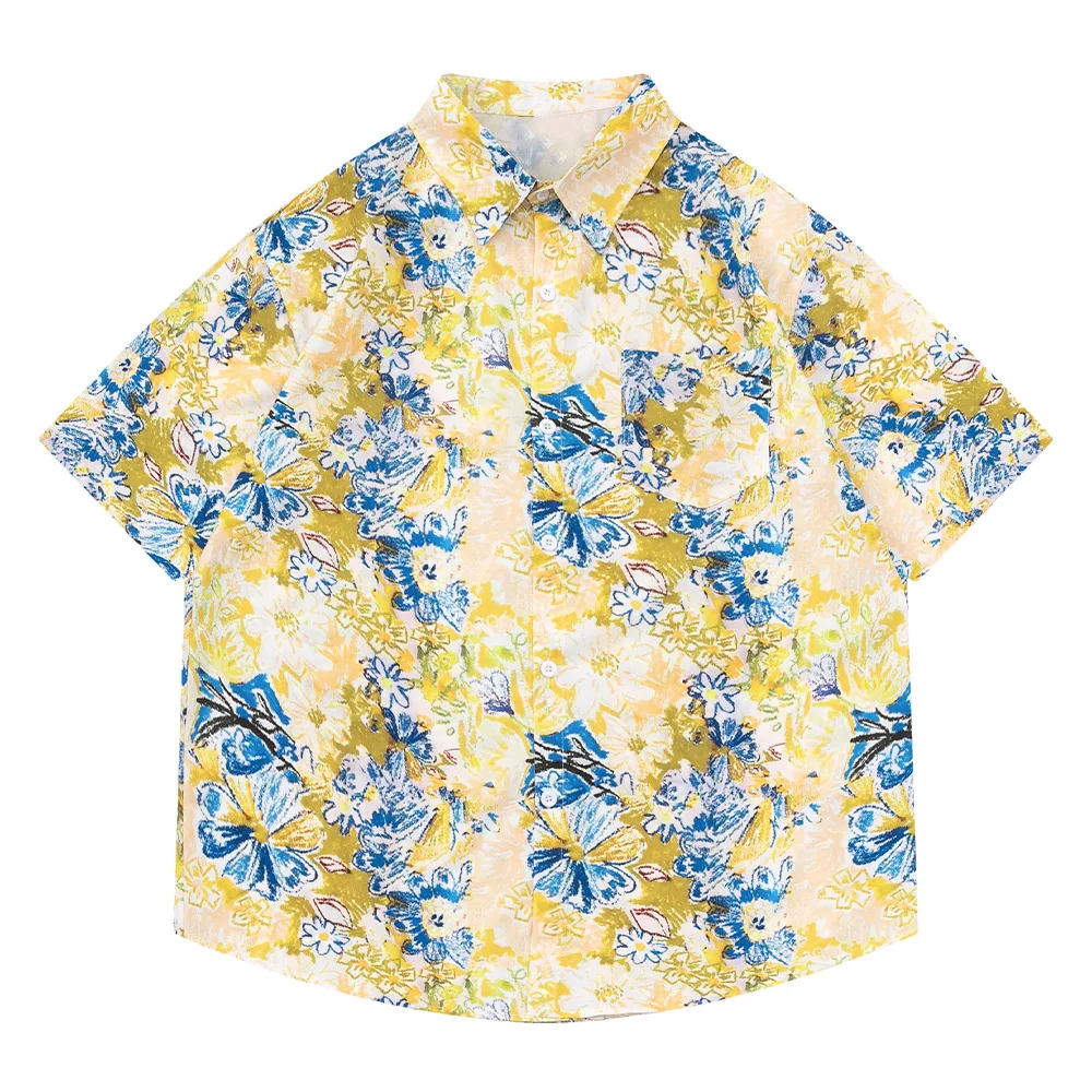 

Гавайская винтажная рубашка для мужчин, популярная цветная с цветочным принтом и граффити, уличная одежда, свободные рубашки с коротким рукавом, летняя блузка на пуговицах для пар
