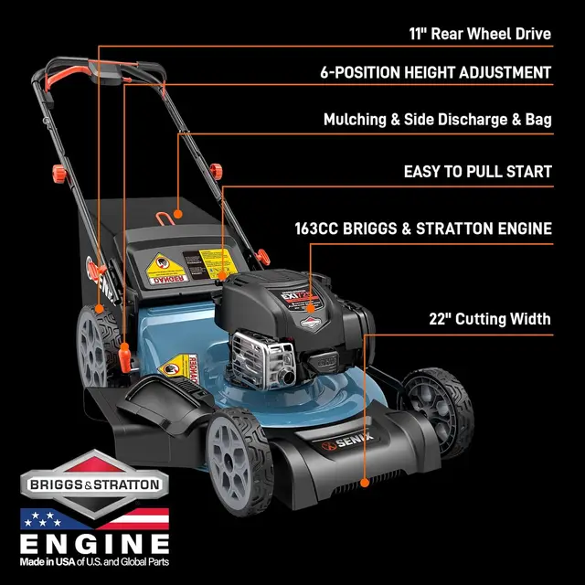 SENIX LSSG-H2 22 Self Propelled Lawn Mower Gas Powered 163cc 4-Cycle Engine Rear Wheel Drive Variable Speed 6 Height Adjustments 2