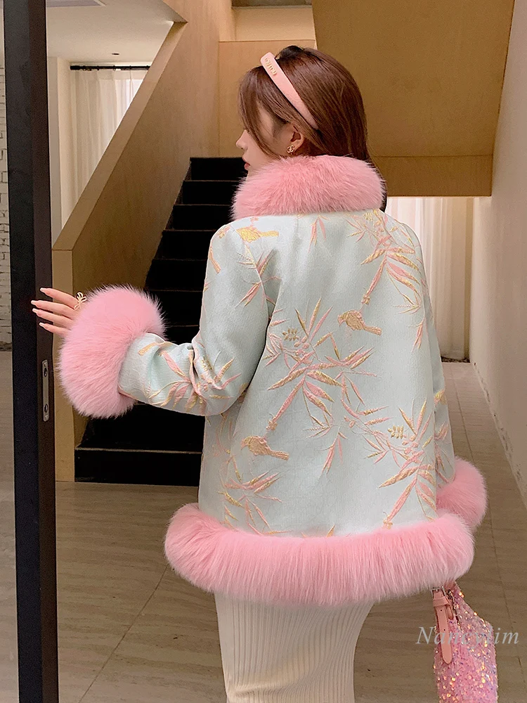 2023 New Chinese Style Buckle Imitation Fox Fur Coat Women's Fashion Embroidered Cape Coat Winter Party Daily Fur Coats Street