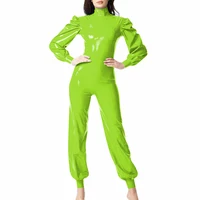 Plus Size PVC Hight Street Romper Fashion High Neck Back Zipper Long Jumpsuit Women Puff Long Sleeve Solid Color Party Playsuit