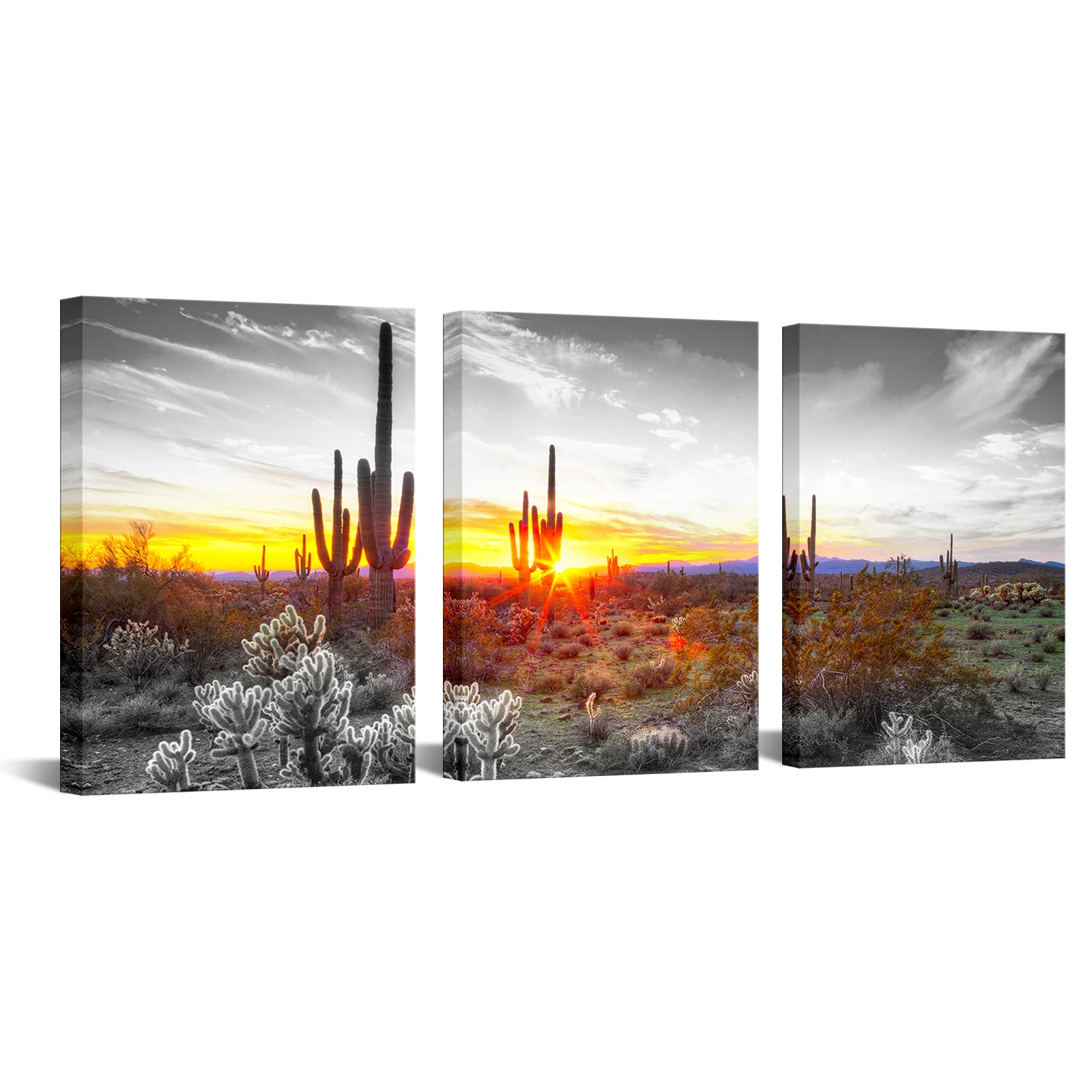 

3 Pieces Sunset Over Desert Home Decor Posters Cactus Print Canvas Painting Modern Style Pictures Living Room Wall Art