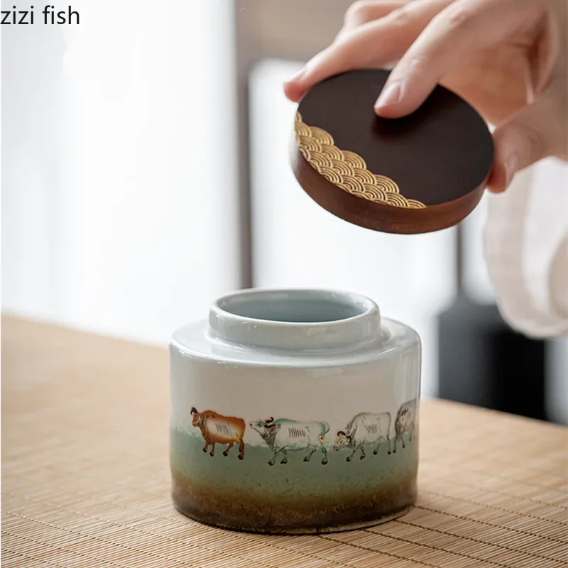 Ceramic Tea Caddy 2 Piece Set Gift Box Wooden Cover Storage Tank Sealed Jar Tea Box Container Candy Jar Can tea tin box,tea canister,ceramic storage jar