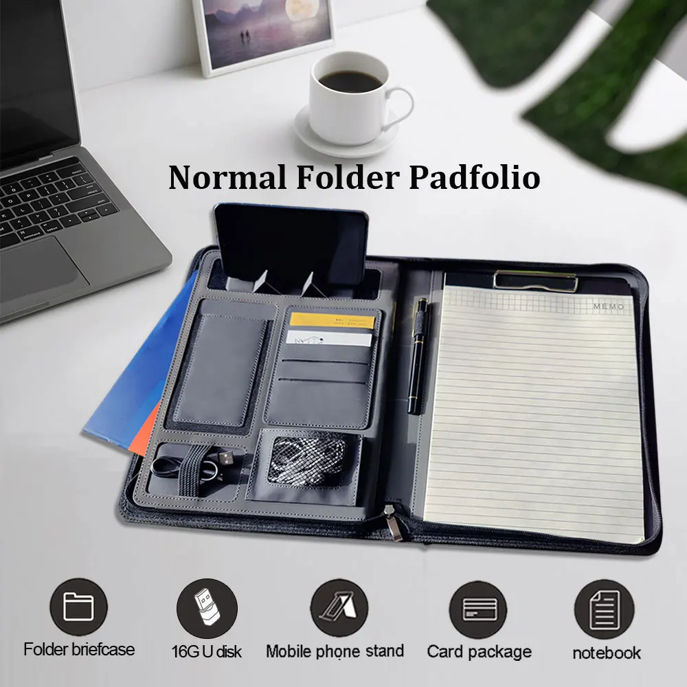 Leather Folder Office Padfolio Portfolio Padfolio Folder for Documents Organizer with Clipboard 16G U Disk & Notepad PU Leather Business Briefcase