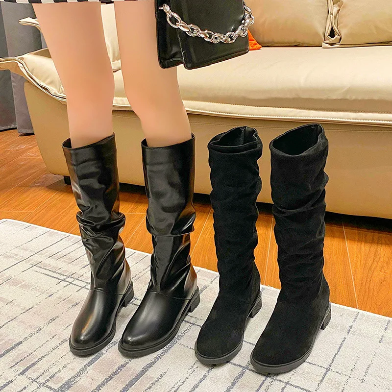 

Зимние новые высокие ботинки, повседневные облегающие Женские ботинки на низком каблуке, модные плиссированные женские ботинки без шнуровки высокого качества