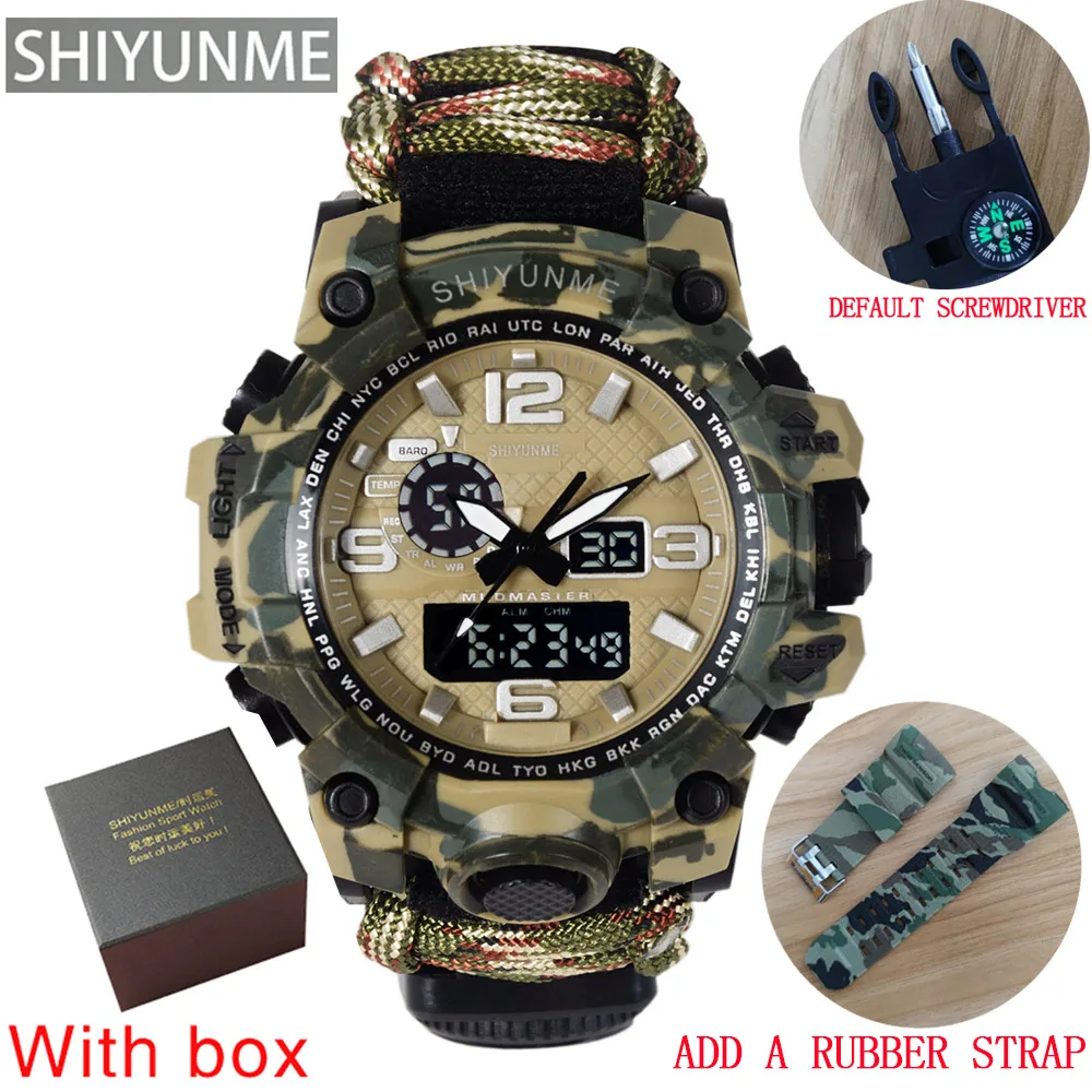 SHIYUNME Military Sports Watch Men LED Digital Quartz Double Display Clock Mens 50M Waterproof Compass Watch Relogios Masculino 