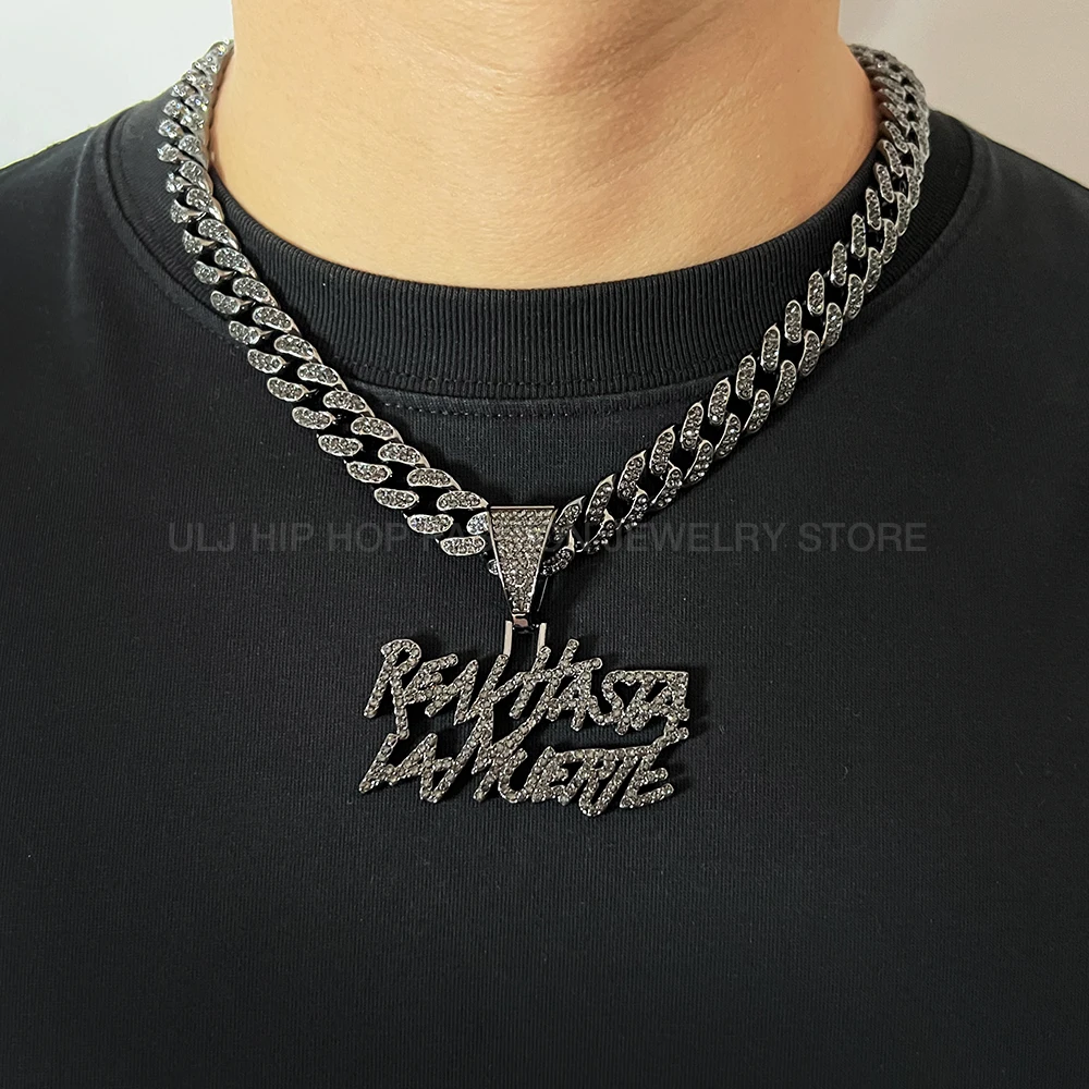 ULJ-Hip-Hop-realhasta-letra-negra-Bling-colgante-collar-4mm-cadena-de ...