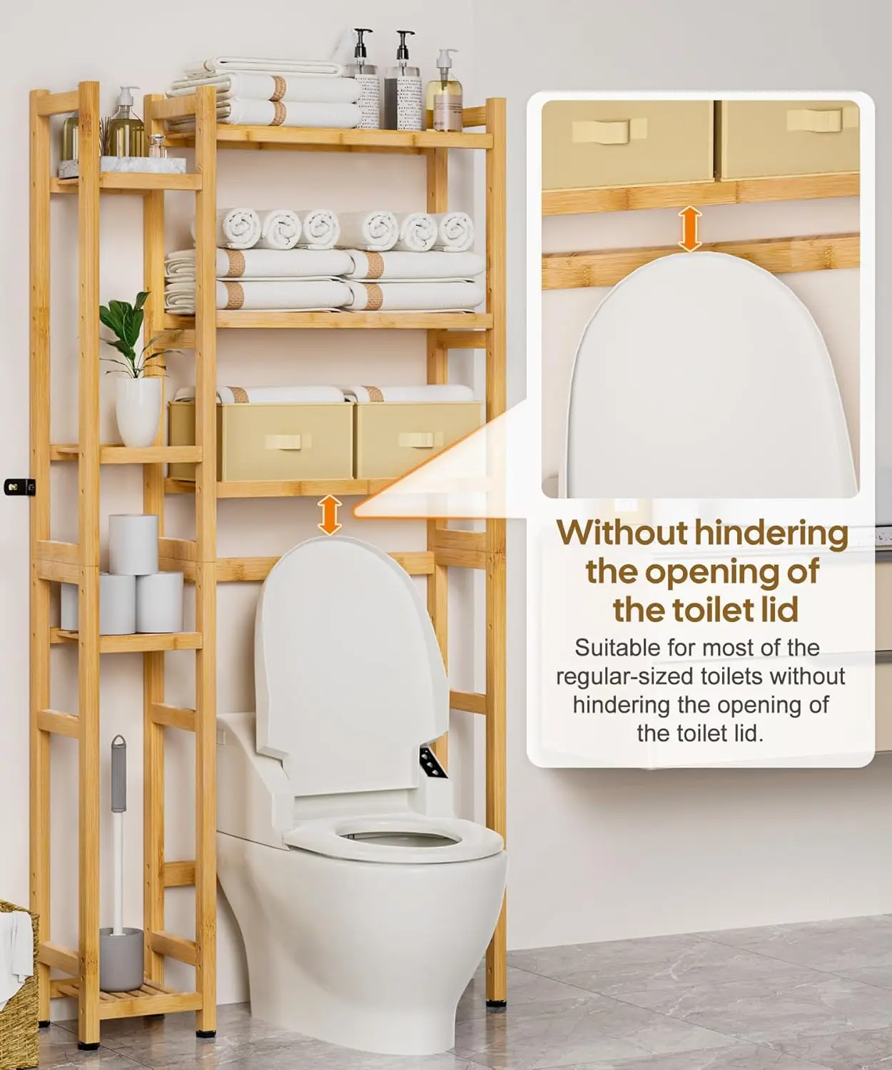 Over Toilet Storage. Bamboo Organizer. Basket, Drawer, Adjustable Shelf. Waterproof Feet Pad. Space Saver. Natural.