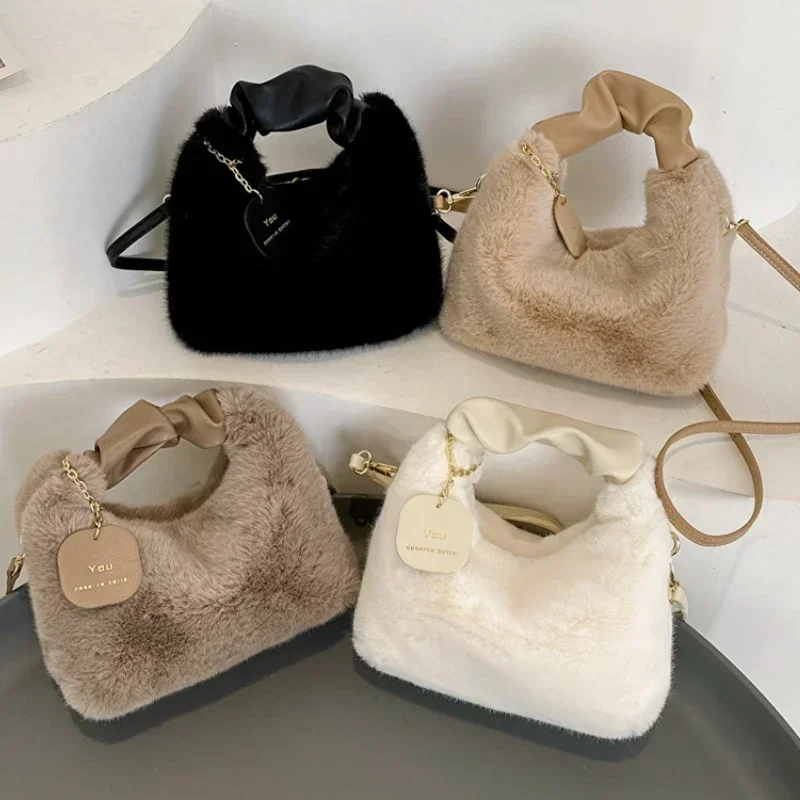 Saashi Women Faux Fur Plush Handbags Ruched Handle Small Shoulder Crossbody Half-Moon Winter