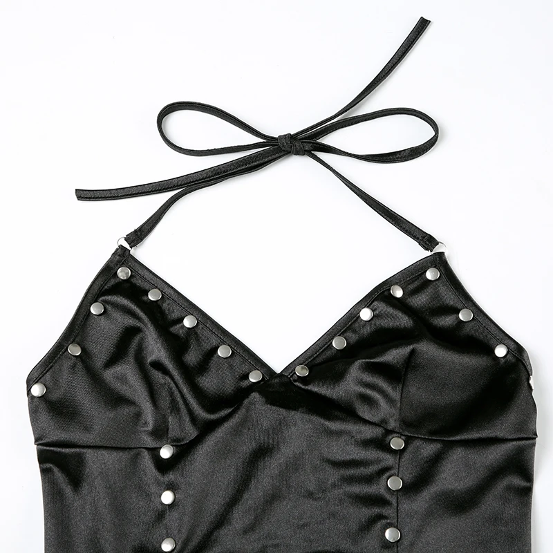 Camisola sexy ajustada de PU con diseño de remaches de satén empalmados para mujer, blusas de moda retro Gyaru Darkly Punk