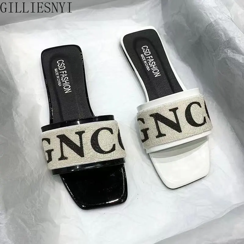 Summer Fashion Women Slides Black White Design Brand Woman Flat Heels Open Toes Slippers House Flip Flop Causal Shoes 2023 New