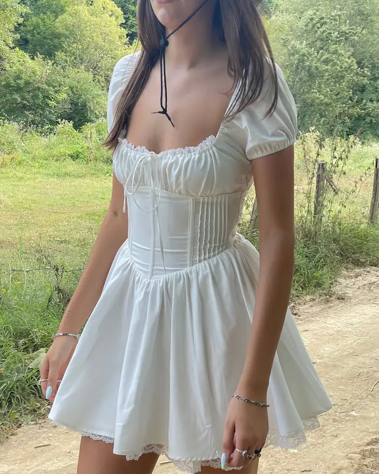 Women's White Graduation Dress - Y2K Corset Style, Spaghetti Strap,  Backless Mini Dress For Summer & College