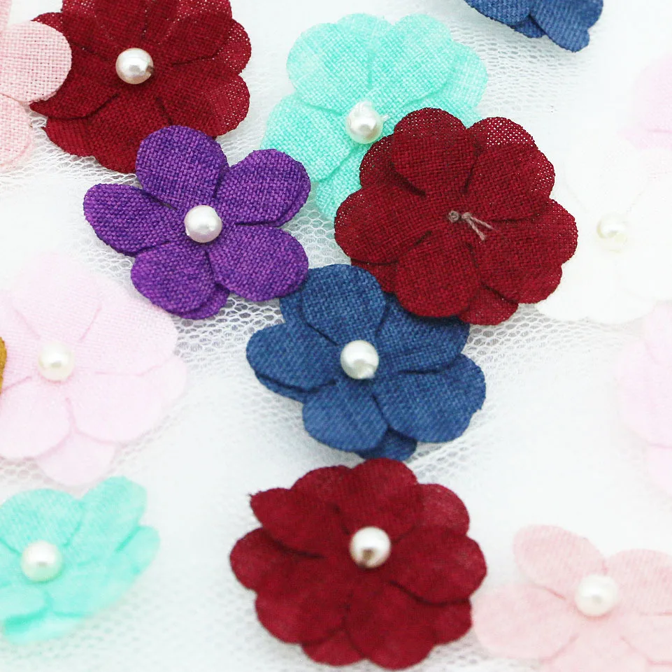 (20 Pcs/Pack) 25mm Five-Petal Flower Stickers Double-Layered Fabric with Mixed Color Pearl Petals Holiday Party Decorations
