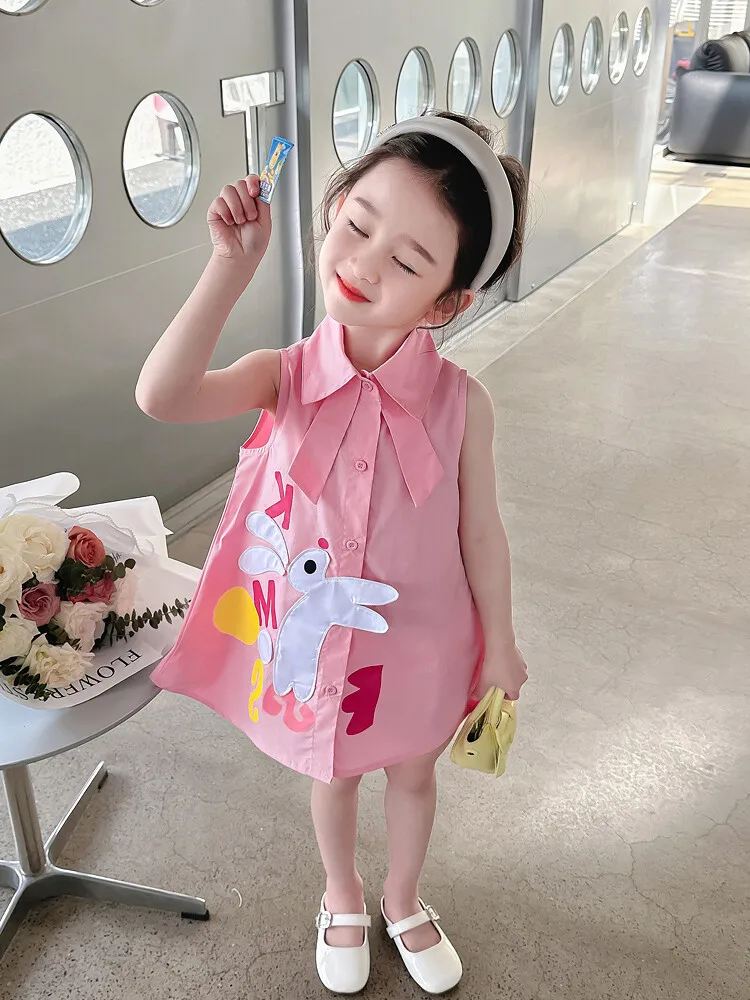 فستان قطني للأطفال مع رقعة أرنب مطرزة ، ملابس أطفا...