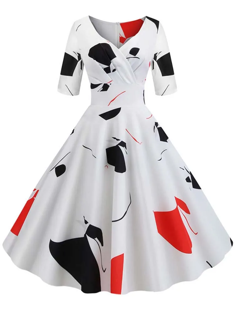 Half Sleeve Black Summer Women Dress Floral Print Vintage Party Dresses Robe Casual Retro A-Line Vestidos 3