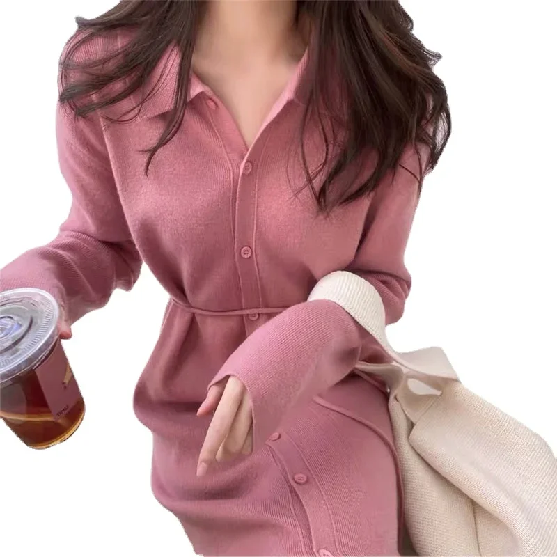 

The new autumn and winter women's gentle wind within the knee long sweater dress loose slimming bottom knit dress