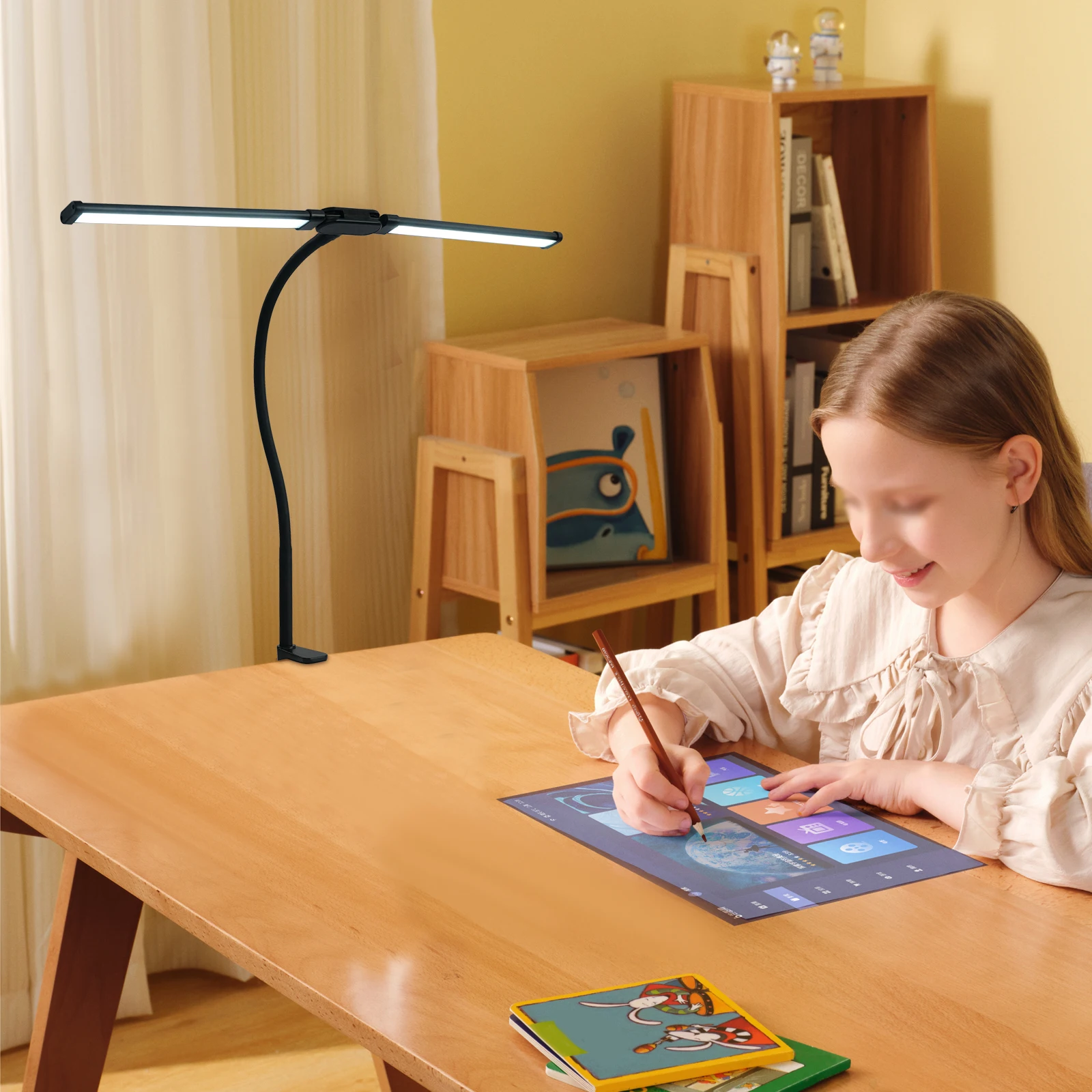 Black USB-Powered LED Table Reading Lamp, Push-button LED Desk Lamp, Double-head Desk Lamp