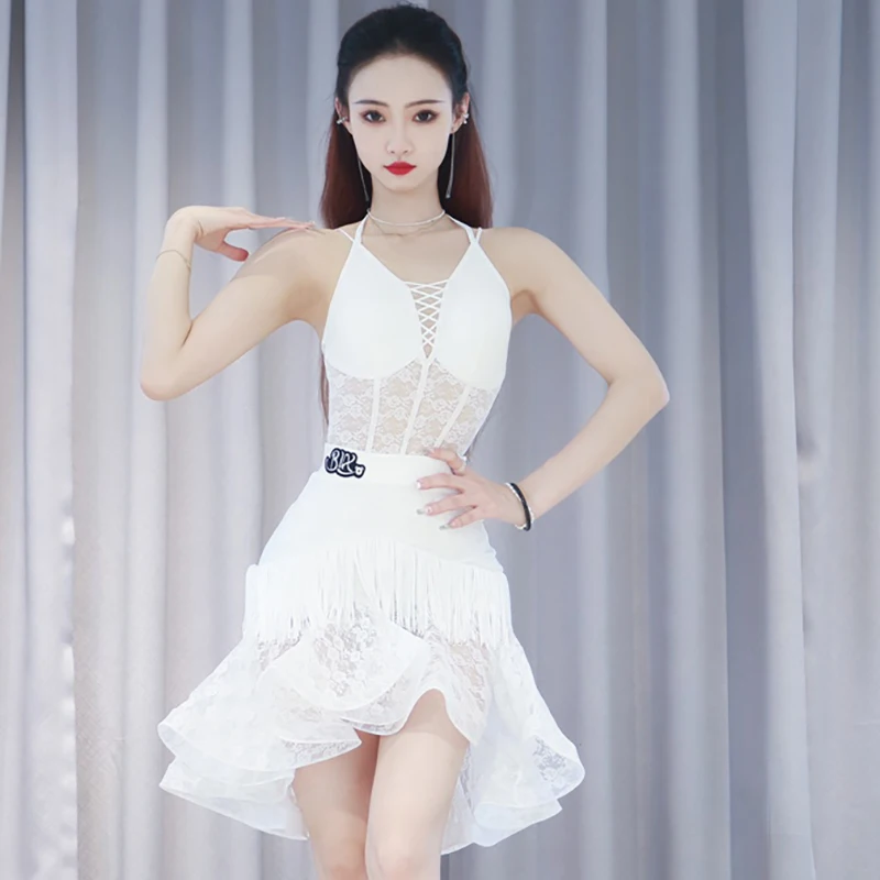 

2024 Latin Dance Dress For Womenwhite High-End Sexy Lace Suspender Fishbone Skirt Adult Latin Competition Training Suit DQS15313