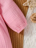 1-18M 2024 Baby Girls Honey Solid Spring/Autumn Pink Cotton Dressy Jumpsuit  With Bow +Hair Band 5