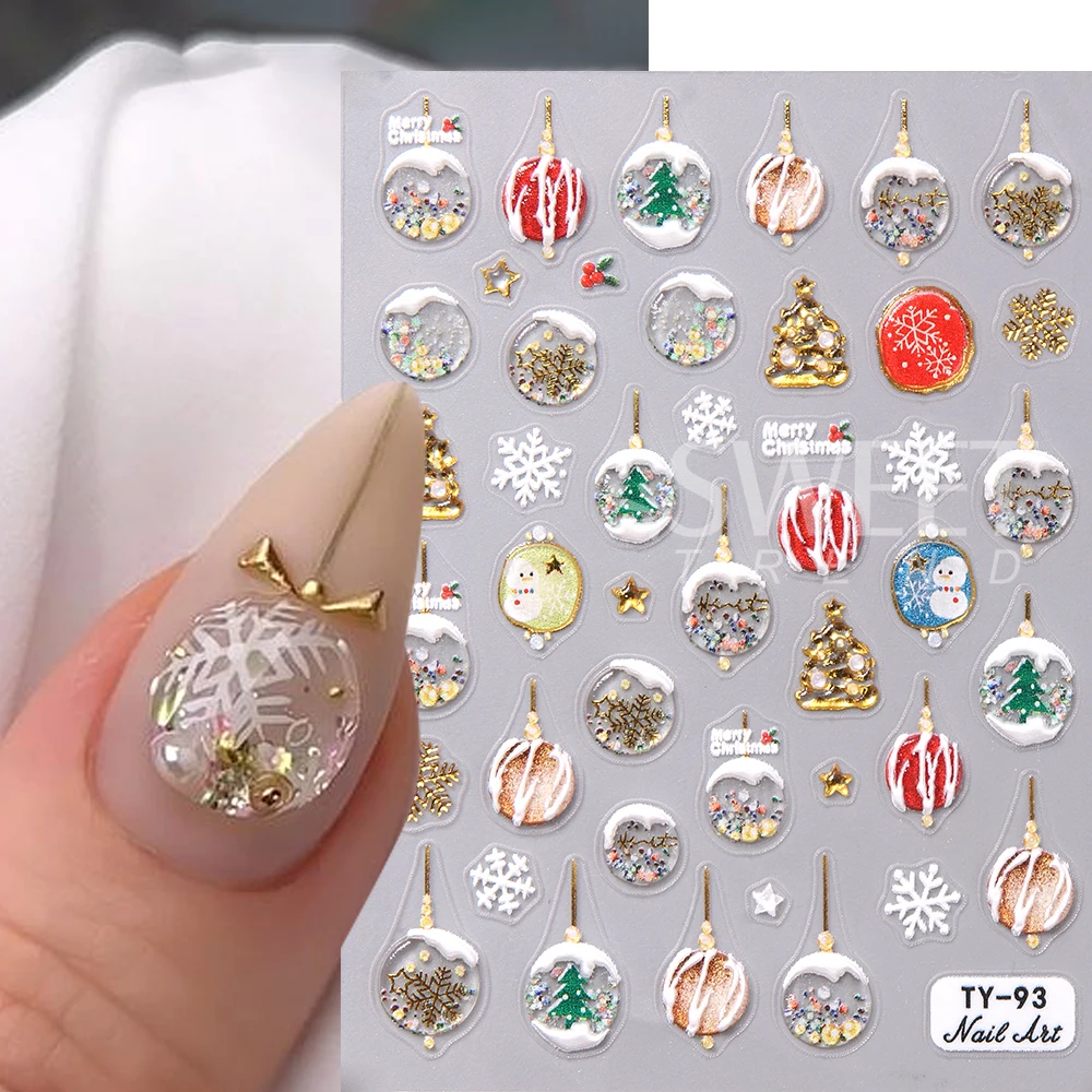 5D Embossed Snowman Snowball Nail Stickers Diamond Christmas Tree Bow Gift for Winter Christmas DIY Manicure Decor Nail Supplies