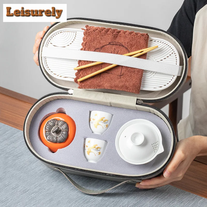 White Porcelain Travel Travel Tea Set Kit Handmade 1 Pot 2 Cups Tea Maker Kettle Tea Caddy Organizer Portable Camping Handbag