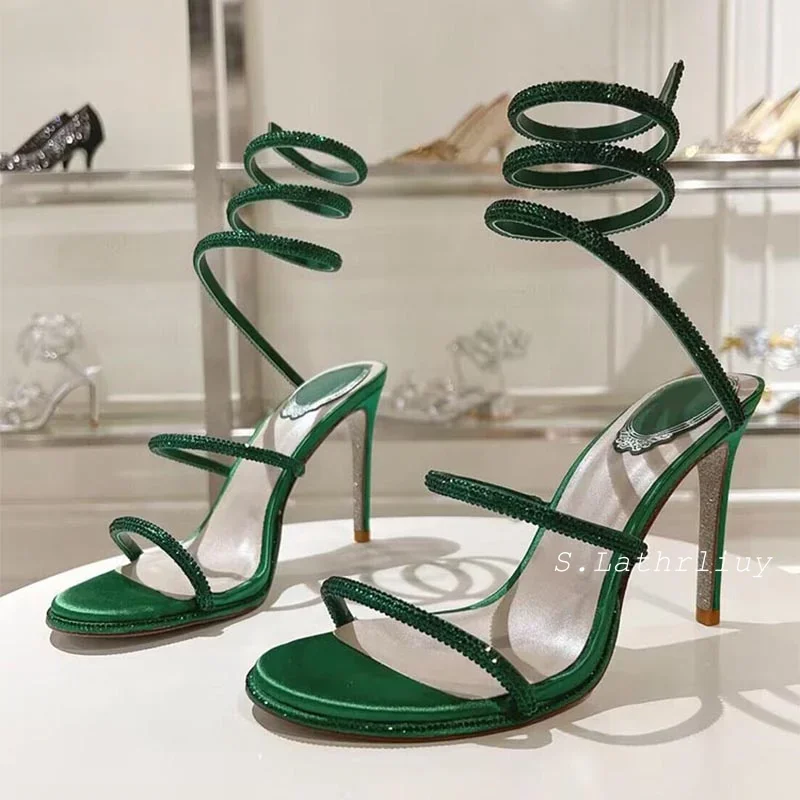 Summer High Heels Sandals Women Shiny Rhinestone Snake Shaped