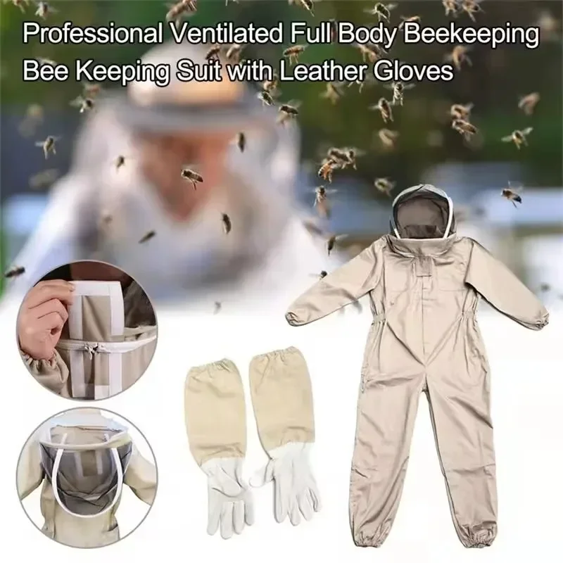 1set Ventilated Full Body Beekeeping Bee Keeping Suit Bee Protective Clothing Khaki Thick Jumpsuit with Gloves