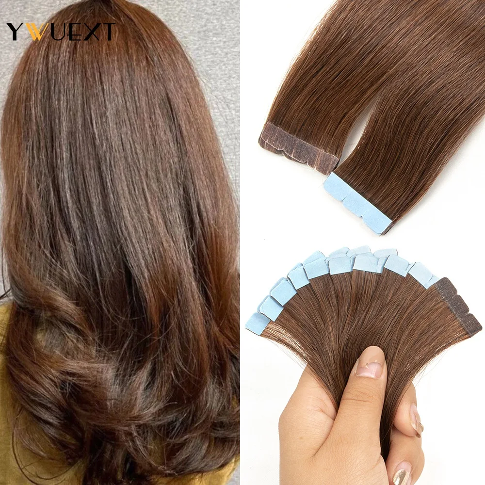 

YWUEXT 12-24 inches Mini Tape In Human Hair 10pcs Straight Brazilian Machine Remy Tape Hair Extension Brown Color 4# For Women