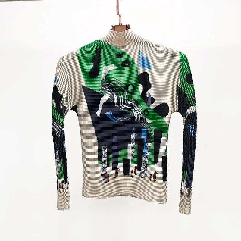 

Miyake Original Pleated Blouse Women Long-sleeved Half-high Neck Fashion Printing Two Sides Wear Slim T-shirt Small Shirt Female