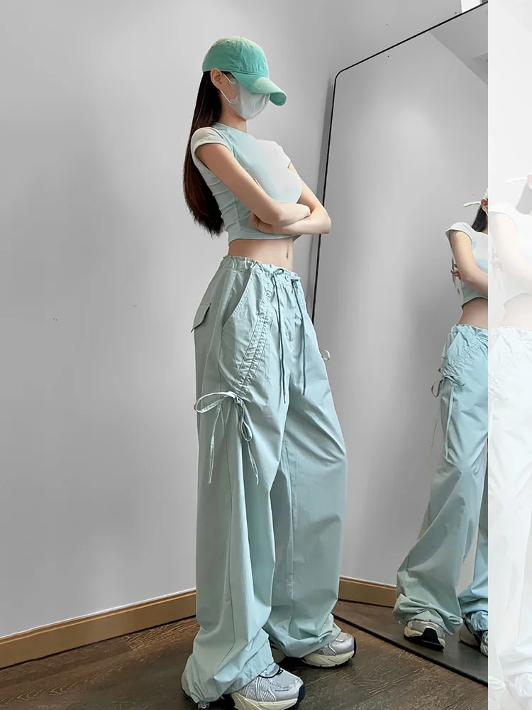 

Women Khaki Vintage Baggy Cargo Wide Leg Pants Fashion Pocket High Waist Straight Pants Street Mopping Trouser Female Summer