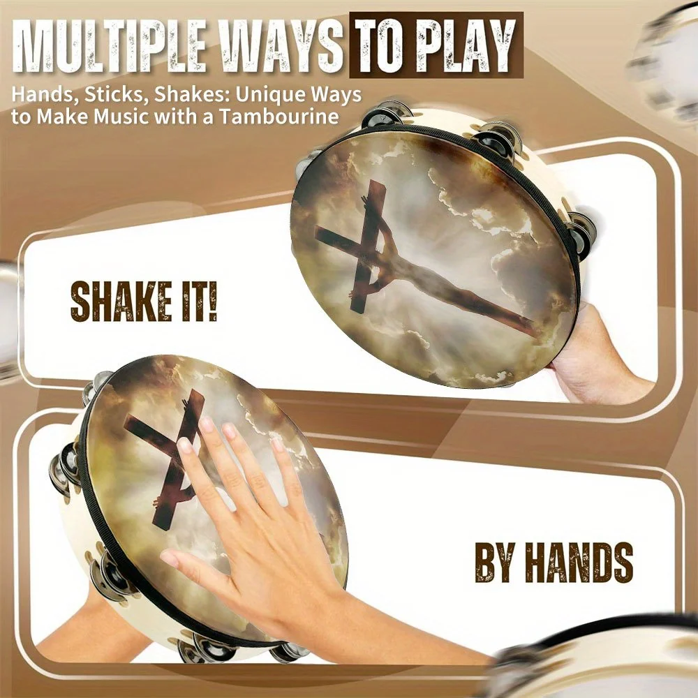 Crucifixion Tambourine Double Row Jingle Hand bell Clap Drum Party Musical Instrument 8/10-inch