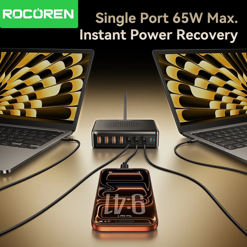 מטען Rocoren 200W GaN 8 ב-1 לטעינה מהירה למחשב שולחני עבור אייפון 17 פרו, שיאומי, סמסונג, מטען USB Type C, תחנת כוח ניידת
