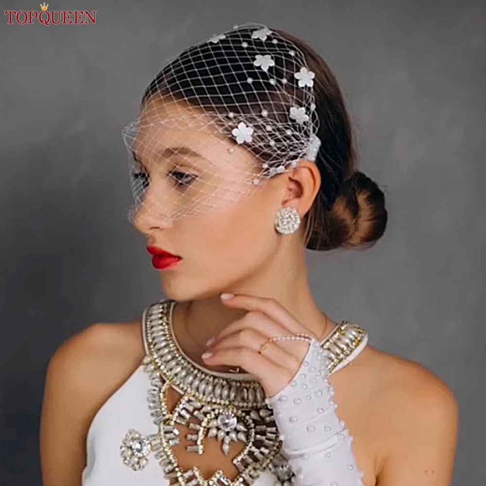 TOPQUEEN VA15 Mini Bridal Veils Blusher Veil Wedding Birdcage Veil with Pearls on the Two Combs Bachelorette Party Accessories