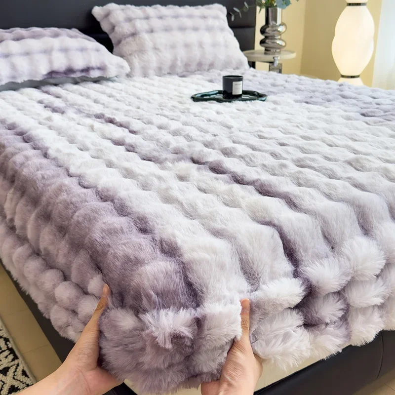 2024 new thickened rabbit plush mattress single piece winter warm plush sheet cover all-inclusive mattress protective cover 5