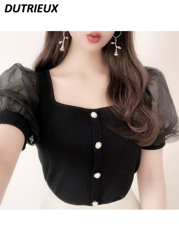 

Summer New 2024 Japanese Style Sweet Pearl Button Blouse Square Collar Tulle Double-Layer Puff Sleeve Slimming Short Top