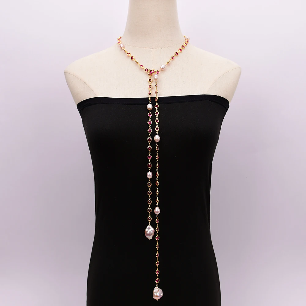 

GG 49'' Freshwater Cultured Purple Keshi Pearl Red Fuchsia Color CZ Zircon Pave Chain Long Necklace Sweater chain Pendant