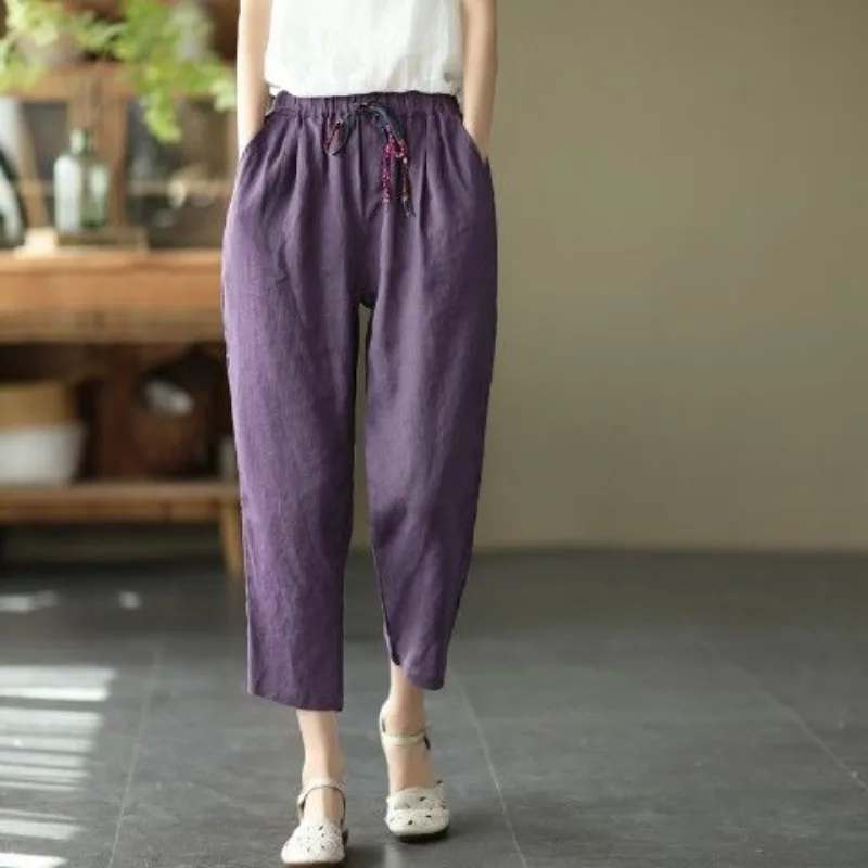 

Women's Elastic High Waisted Loose 2024 Summer New Japan Style Sweet Drawstring Solid Color Pocket Straight Harlan Casual Pants