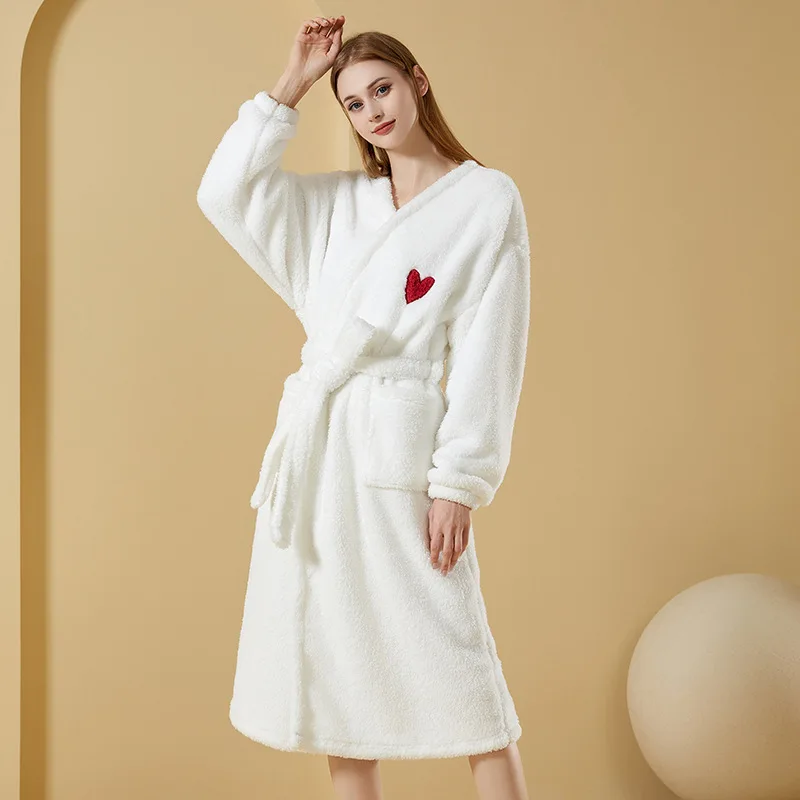 

Женский флисовый халат с длинными рукавами, теплый однотонный фланелевый Халат с V-образным вырезом и карманами