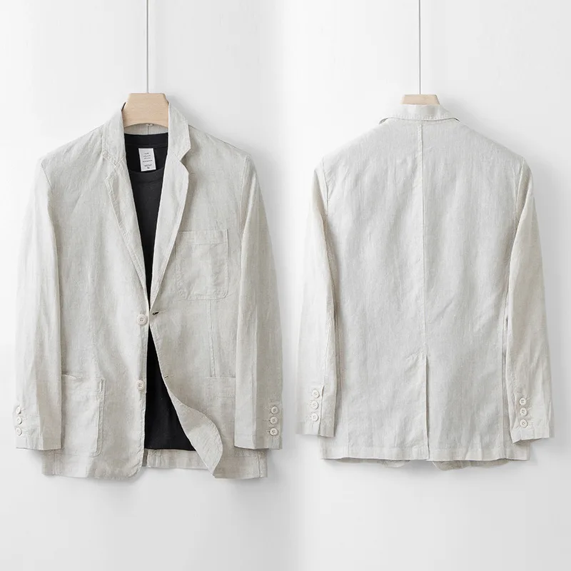 British Style New 100% Linen Blazer Hombre Daily Casual Blazer Loose Solid Single Layer Suit Jackets for Men Simple Ropa Hombre 4