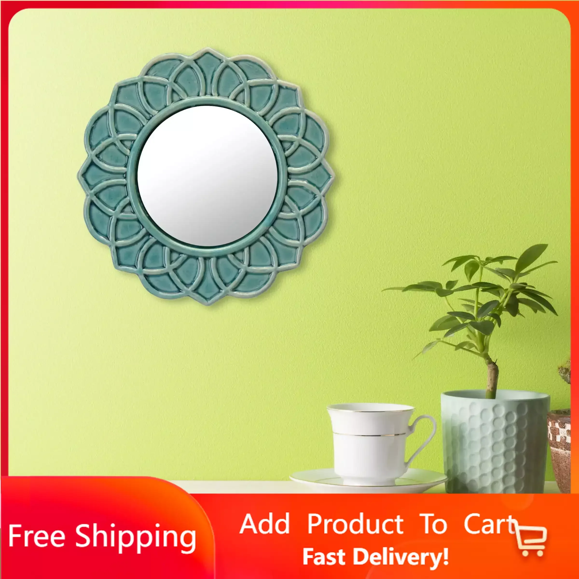 

9 in. Circle Ceramic Floral Wall Mounted Mirror, Turquoise Free Shipping