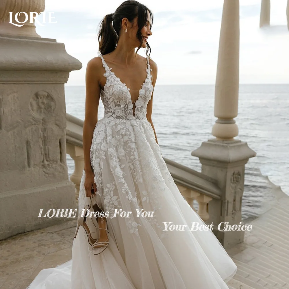 LORIE Spaghetti Straps 3D Flower Wedding Dresses Appliques Lace V Neck Beach Princess Bride Gown Customized vestidos de novia