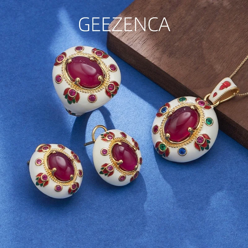 GEEZENCARedCorundum925SilverEnamelJewelrySetsEarringsRingPendantForWomen18KGoldVintageLuxuryChicGift2024New-AliExpress36