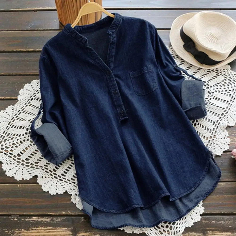 Women Denim Shirt Small Stand Collar V-neck Buttons Neckline Long Sleeve Casual Loose Shirt Tops Streetwear shirts and blouses