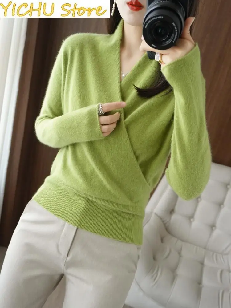 

New pure wool cardigan ladies V-neck top spring and autumn thin cashmere sweater casual knitted loose female Jake