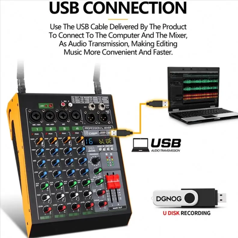 Pro 4 Channel 16 DSP Audio mixerdj controller/audio console mixer With dual wireless Microphone for ktv dj