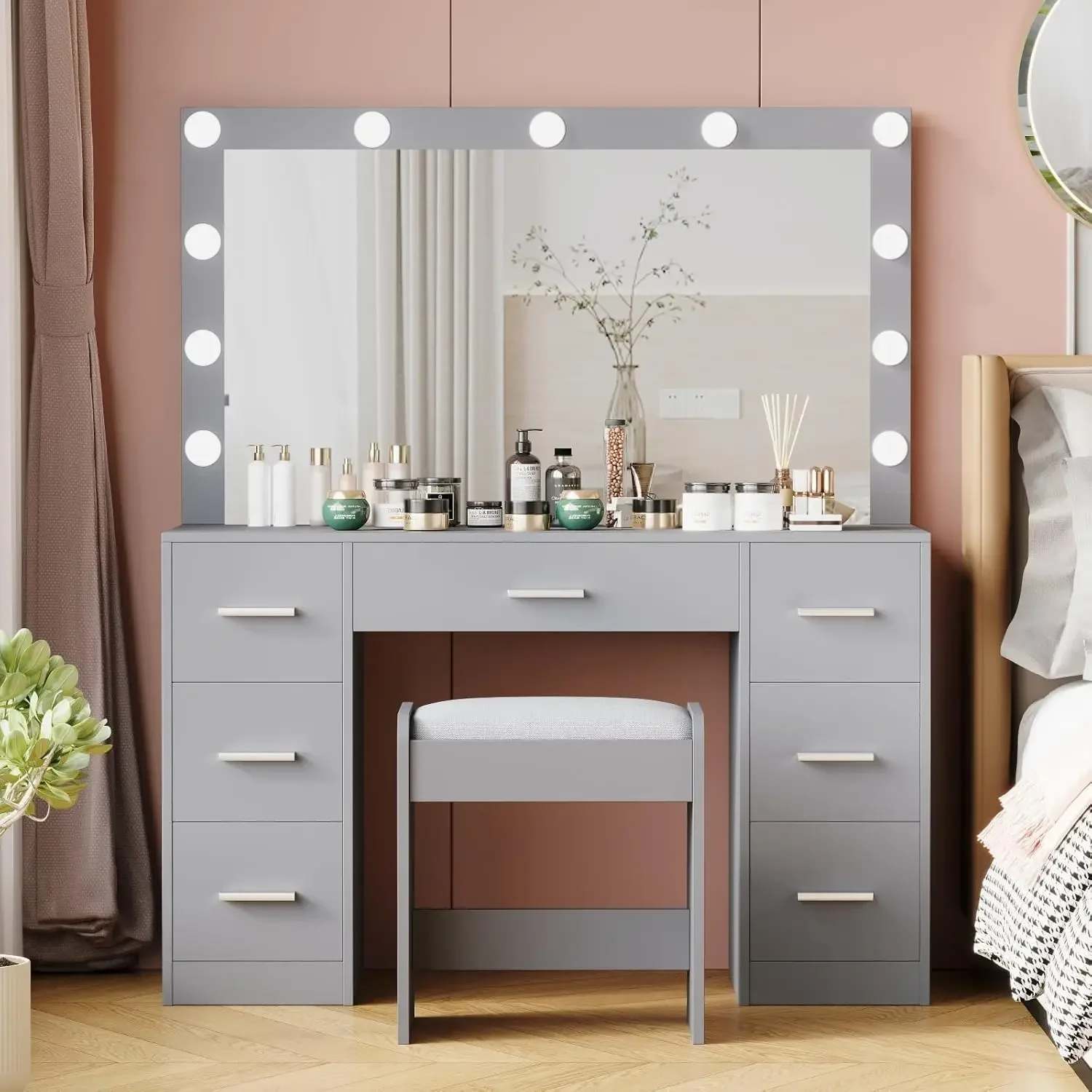 2024 NEW Vanity Desk with Stool, Makeup Table with Lighted Mirror, 3 Color Lighting Modes, Brightness Adjustable, Dressing Table 6