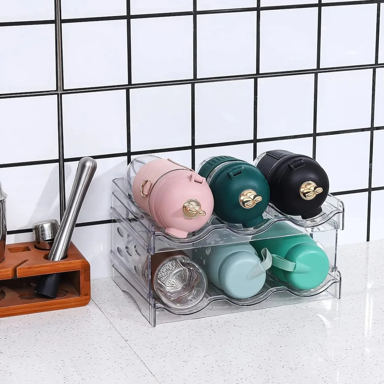 

Water Bottle Organizer Stackable Kitchen Home Pantry Organization and Storage Tumbler Cabinet Wine Rack Fridge Plastics Shelves