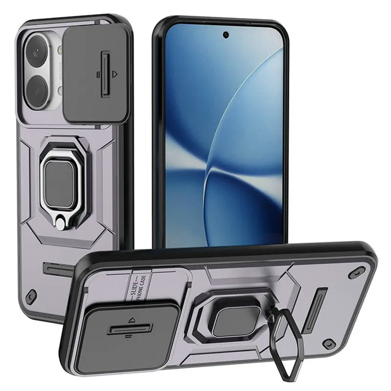 Ring Holder Armor Rugged Case with Lens Sliding Cover Design - Durable Hard Shell Protecting Your Smartphone